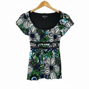 Y2K I.N. Studio Petite Womens PS Floral Empire Waist Top Dark Coquette Soft Goth